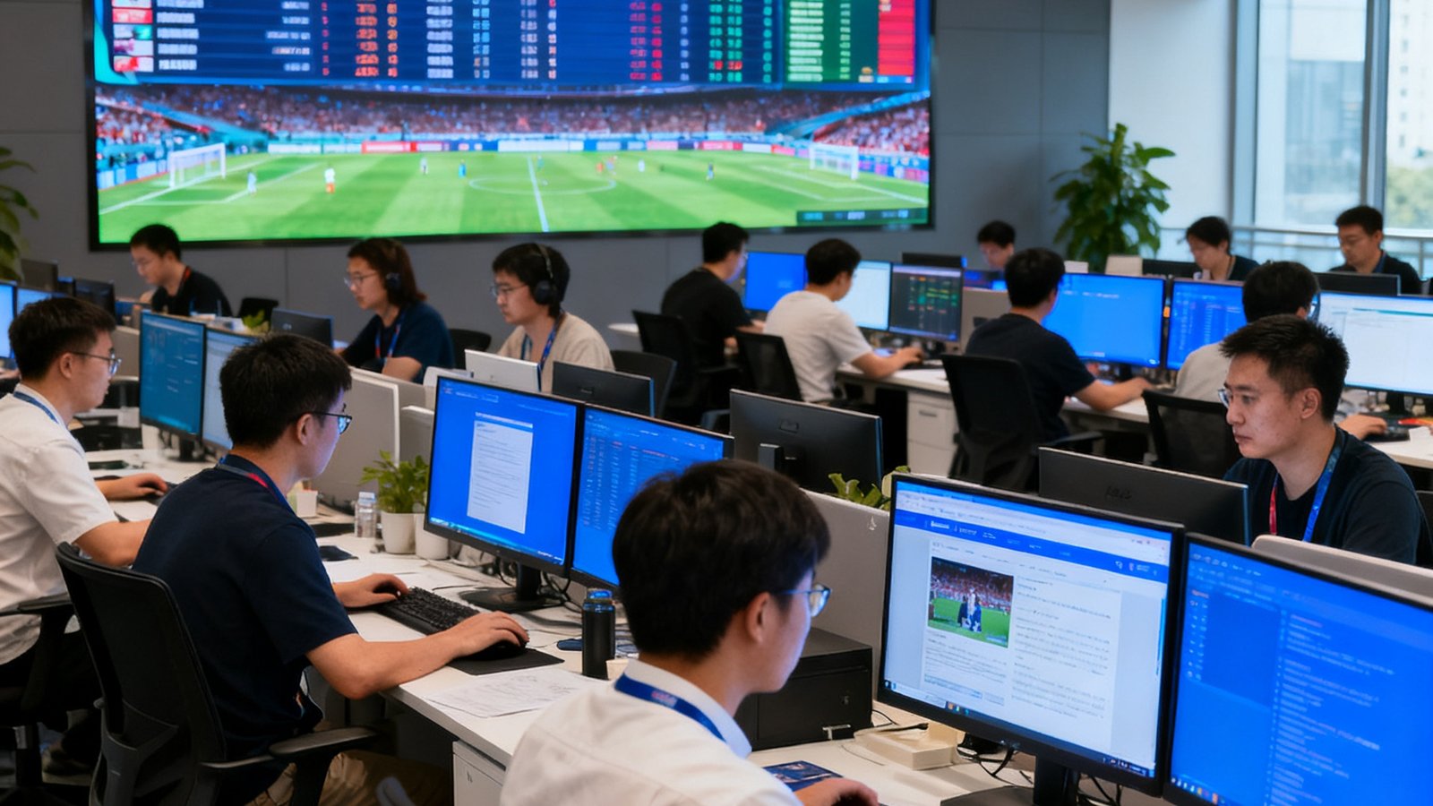 世界杯官网北京总部办公室内，87人团队在开放式办公区紧张工作，背景墙显示实时赛事数据大屏，编辑们正在审核2026世界杯相关资讯内容