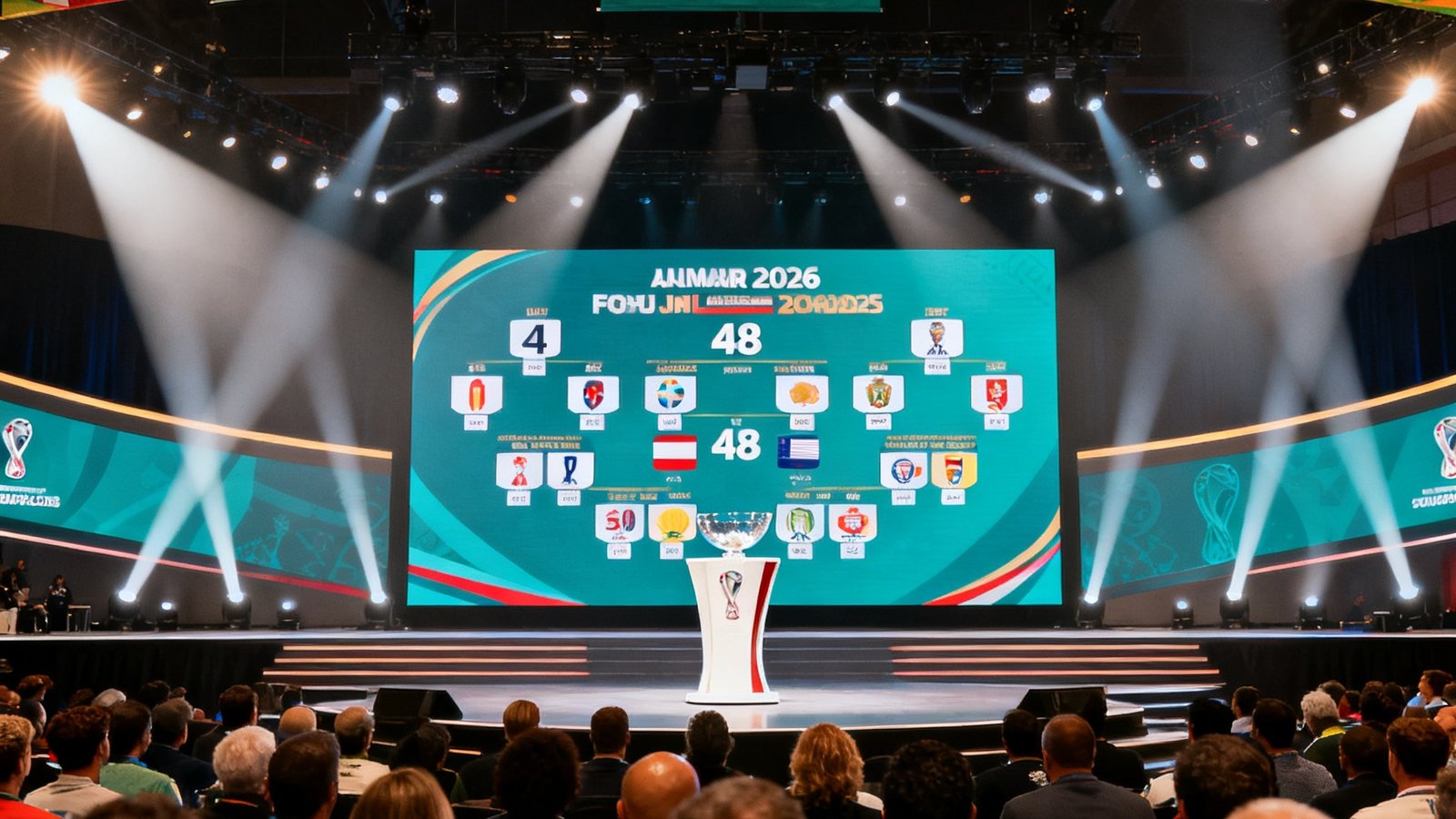 2026年世界杯分组抽签仪式在洛杉矶会议中心举行的现场照片，舞台上展示48支球队的分组结果大屏幕
