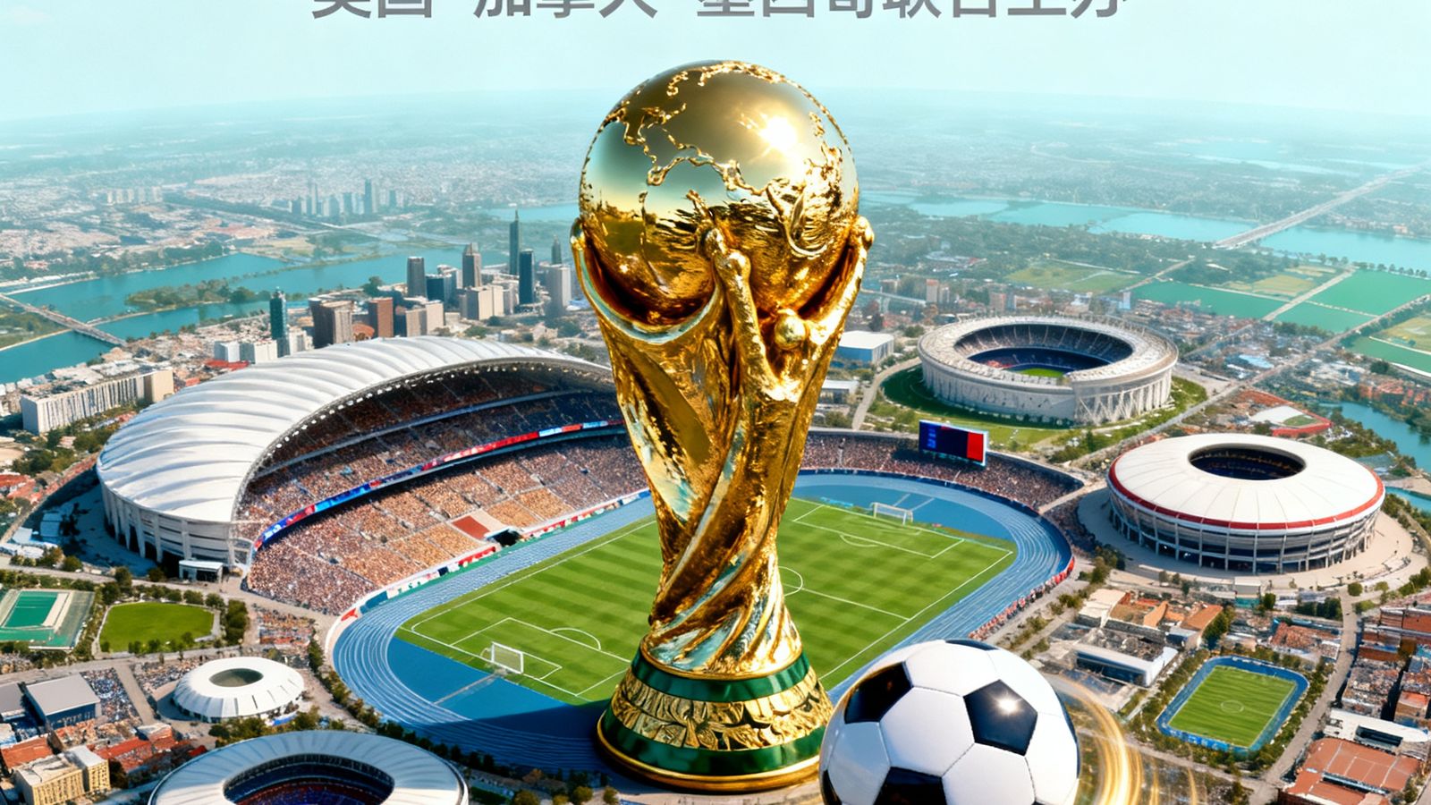 2026年世界杯官方宣传海报，展示美国、加拿大、墨西哥三国联合主办的16座比赛城市体育场馆全景鸟瞰图，前景为金色大力神杯与足球元素