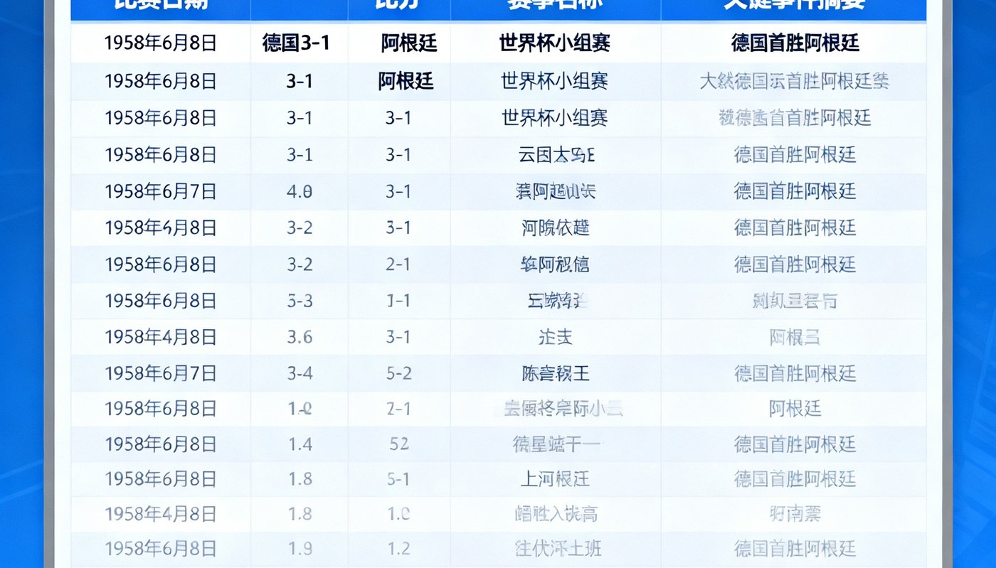 6686体育历史交锋数据库查询界面，显示德国对阿根廷的历史交锋记录表格，包含比赛日期、比分、赛事名称和关键事件摘要，数据可追溯至1958年