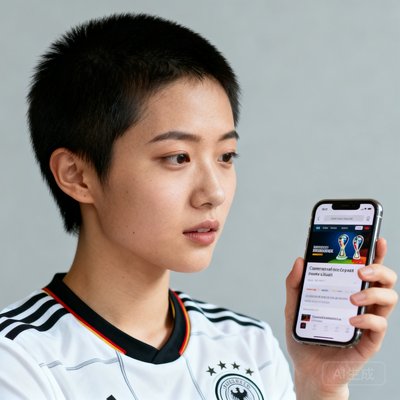 一位留着短发的中国年轻女性球迷陈雅文的头像照片，身穿德国队白色客场球衣，正在用手机浏览世界杯官网页面